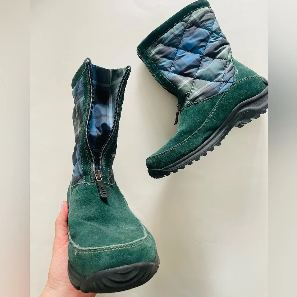 Lands’ End Vintage Green & Blue Plaid Suede Zip Winter Booties